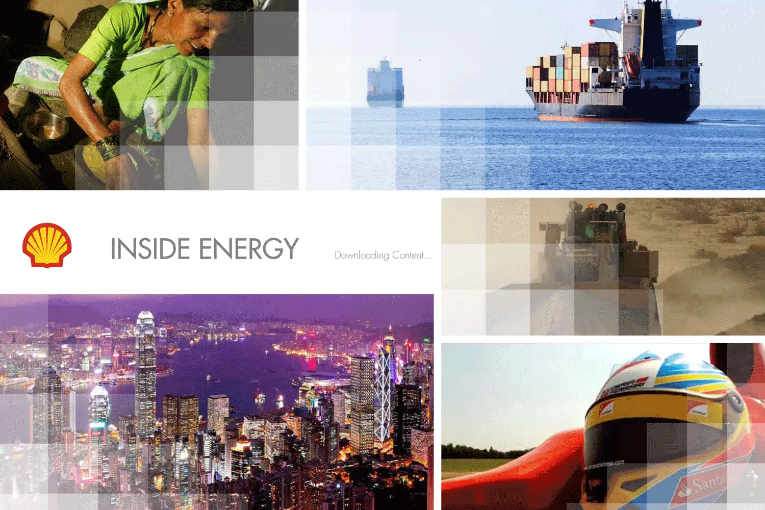 Editoriale Collage aus Schiffen und Industrieanlagen