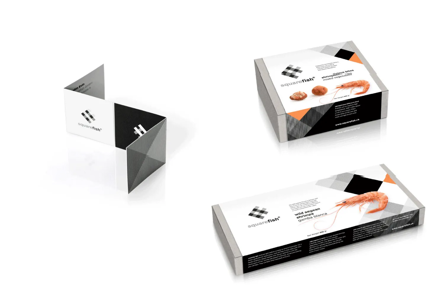 Squarefish frozen seafood packaging, minimal typographic system